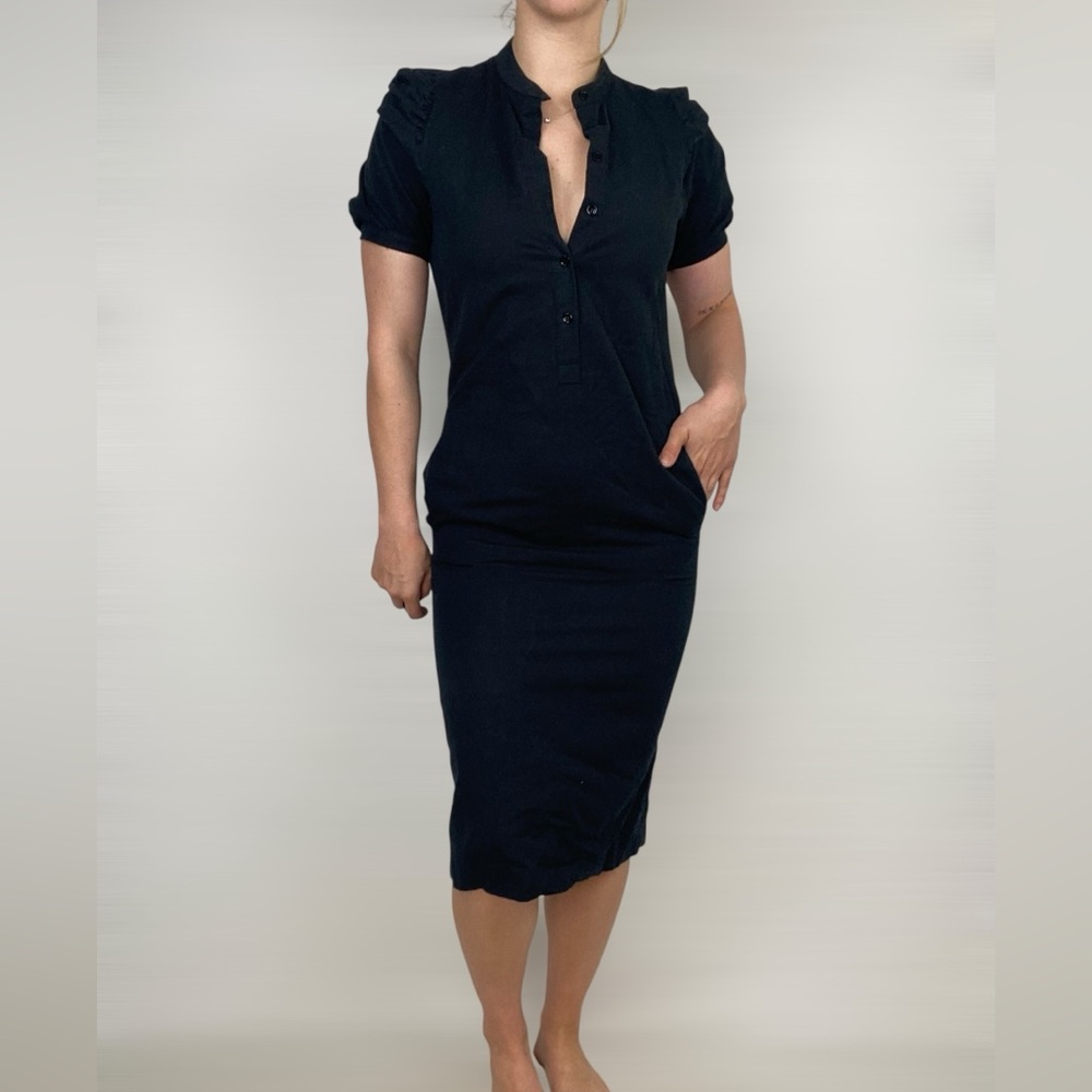 G. Label By Goop Puff Sleeve Pocket‎ MIDI Dress in Black Button Down Sheath